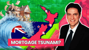 David Whitburn smiling with text next to him "mortgage tsunami" indicating big changes in the nz property market
