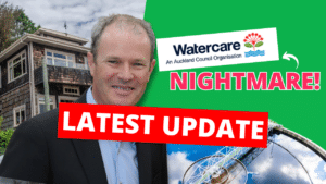 Chief executive of Watercare smiling with text next to him "Watercare nightmare", indicating the auckland housing market
