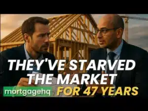 Two men looking at each other with text on screen "They've starved the market for 47 years". Indicating this video is for property investors