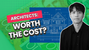 A man smiling with text next to him "Architects worth the cost?", indicating are architect fees worth it?