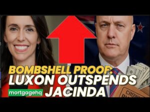 Jacinda Adern on the left, Christopher Luxon on the right. Text underneath them "Bombshell proof: Luxon outspends Jacinda"