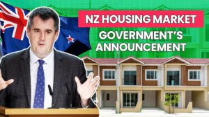 A man in a suit talking at a press conference with text next to him "nz housing market" governments announcement. Indicating if property investors should invest in community housing