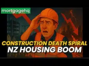 A tradie looking scared with text on top "construction death spiral NZ housing boom"