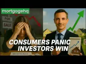 Two men. 1 stressed, the other smiling with text on screen "Consumers panic investors win"