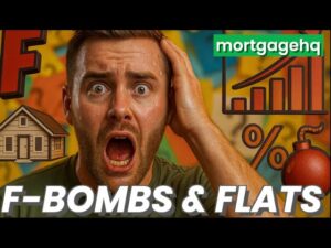 A man looking stressed with text on top "F-bombs & flats", indicating granny flats is covered in this video