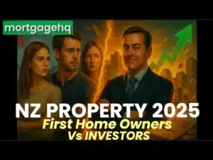 A group of people look at a man smiling with text on top "NZ property 2025 first home owners vs investors", indicating this video is about the NZ property market