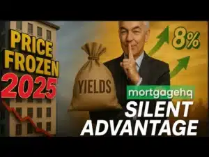 A man holding a sack of money with his finger to his mouth, with text on top "Price frozen 2025. Silent advantage". Indicating this video is targeted toward property investors