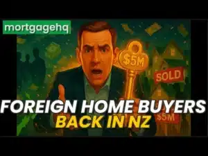 A man looking shocked at the camera with text on screen "Foreign home buyers back in NZ". Indicating this video is about NZ property