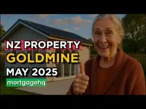 A grandma smiling will her thumb up. Text next to her "NZ property goldmine May 2025"
