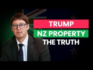 A man looking at the camera with text next to him "Trump NZ property the truth", indicating how Donald Trump could affect the New Zealand property market