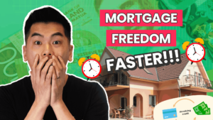 A man with a shocked facial expression with text next to him "mortgage freedom faster", indicating how to structure a mortgage