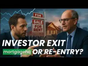 2 men looking at each other with text on top "Investor exit or re-entry?", indicating this video is about rental yields