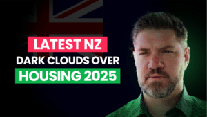 A man looking serious with text next to him "latest nz dark clouds over housing 2025"