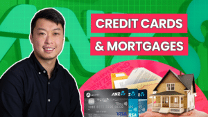 A man smiling with text next to him "credit cards & mortgages", indicating how credit cards can impact your mortgage application