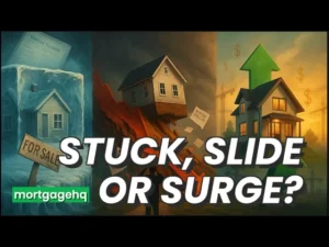 3 houses on screen with text on top of them "Stuck, slide or surge?", indicating the condition of the NZ housing market