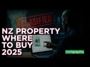 A man looking at a laptop screen in the dark with text next to him "NZ property where to buy 2025"