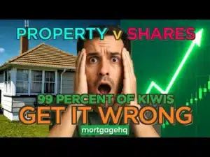 A man shocked with his hands to his face, with text on the screen "property vs shares 90 percent of kiwis get it wrong"