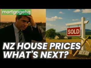 A man looking stressed with text on screen "NZ house prices what's next?"