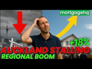 A man scratching his head looking lost with text on screen "Auckland stalling regional boom". Indicating this video is about the NZ Auckland housing market