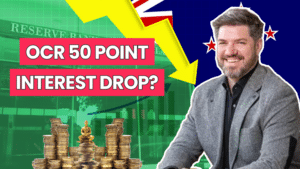 Economist Jarrod Kerr smiling with text on screen saying "OCR 50 point interest drop", indicating an OCR update