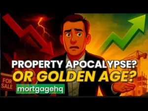 A man looking scared with text on screen "Property apocalypse or golden age?", indicating this video is about NZ real estate