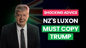 A man smiling with text next to him "Shocking advice NZ's Luxon must copy Trump"