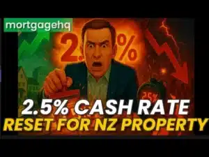 A man looking angry and pointing at the screen with text on top "2.5% cash rate reset for NZ property"