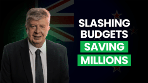 A man looking into the camera with text next to him "Slashing budgets saving millions"