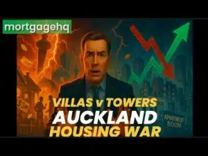 A man looking shocked with text on screen "Villas v towers Auckland housing war"