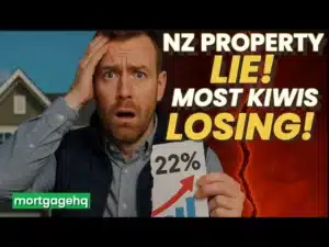 A stressed man with text next to him "NZ property lie! Most kiwis losing!"
