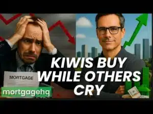 One man looking stressed, the other man smiling. With text on screen "kiwis buy while others cry", indicating this video is about the NZ economy