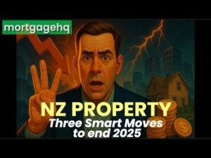 A man looking shocked holding 3 fingers up with text on top "NZ property three smart moves to end 2025"