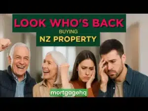 2 couples - 1 older couple looking happy, 1 younger couple looking sad. Text on top of all of them "look who's back buying NZ property", indicating a return of mum and dad NZ investors