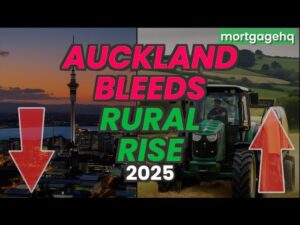 A skyline photo of Auckland with text on screen "Auckland bleeds rural rise 2025"