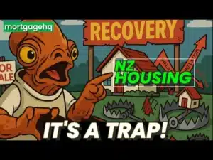 A humanised lizard pointing at the words "NZ housing". With the words "It's a trap!" underneath it