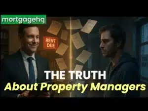 A man looking stern and another man looking happy, with text on screen "The truth about property managers". Indicating this video is about NZ property managers