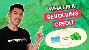A man smiling and pointing to text saying "What is a revolving credit?"