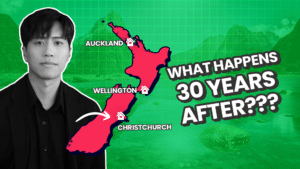 A man smiling next to a map of New Zealand. Text us next to the map saying "What happens 30 years after?", indicating urban planning for the future of New Zealand