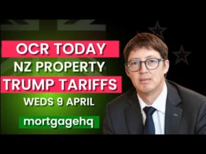 A man looking into the camera with text next to him "OCR today NZ property trump tariffs Weds 9 April"