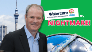 Chief executive of Watercare smiling with text next to him "Watercare nightmare", indicating the auckland housing market