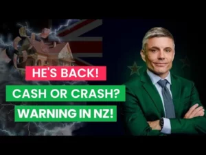 A man smiling with text next to him "He's back! Cash or crash? Warning in NZ!", indicating a change in the NZ property market
