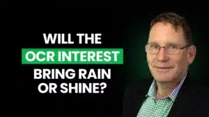 A man smiling with text on screen "Will the OCR interest bring rain or shine?"