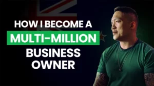 A man smiling with text next to him "how I became a multi-million business owner"
