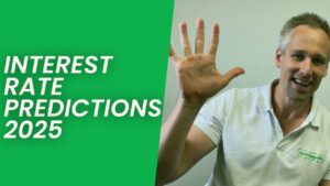 A man smiling holding up 5 fingers with text next to him saying "interest rate predictions 2025". This indicates the predictions for interest rates in 2025