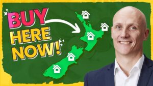A man smiling with text next to him saying "Buy here now", indicating which city is best for rental property investing nz