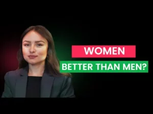 A woman smiling with text next to her "women better than men?". indicating the difference between women and men in real estate