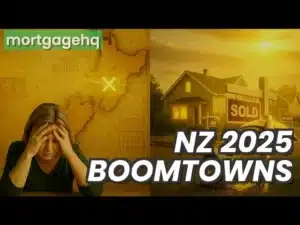 A woman looking stressed with text on screen "NZ 2025 Boom Towns", indicating the best regions for property investments