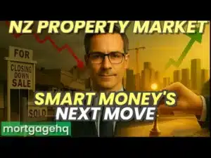 A man looking into the camera with text on top of him "NZ property market. Smart money's next move". Indicating this video is about regional property in New Zealand