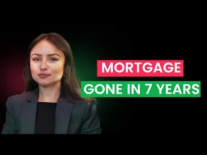 A woman smiling with text next to her "mortgage gone in years"