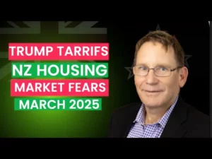 A man smiling with text next to him "Trump tariffs NZ housing market fears March 2025"